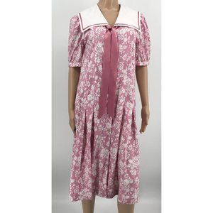 Vintage Laura Ashley Half Sleeve Pink Floral Button Up Ribbon Sailor Dress Sz 10